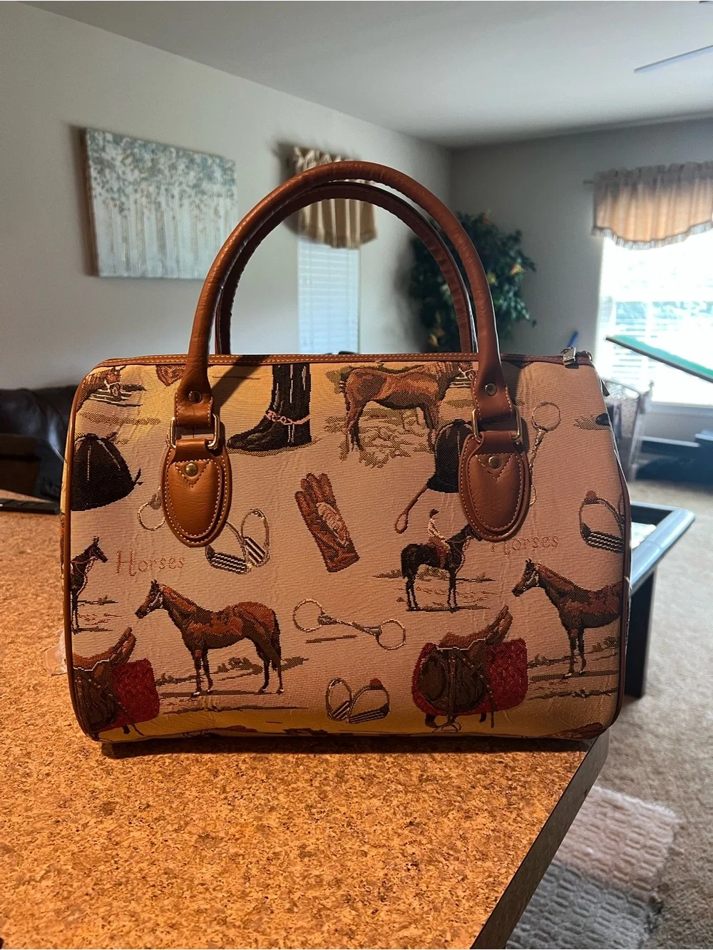 Brown Equestrian Print Tote Bag